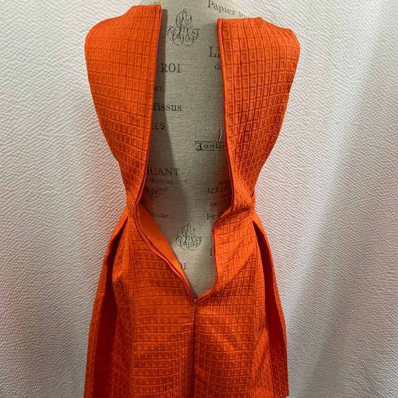 Modcloth 60's look A-Line Pleated Tangerine Orange Textured Lined Mini Dress - Picture 6 of 11